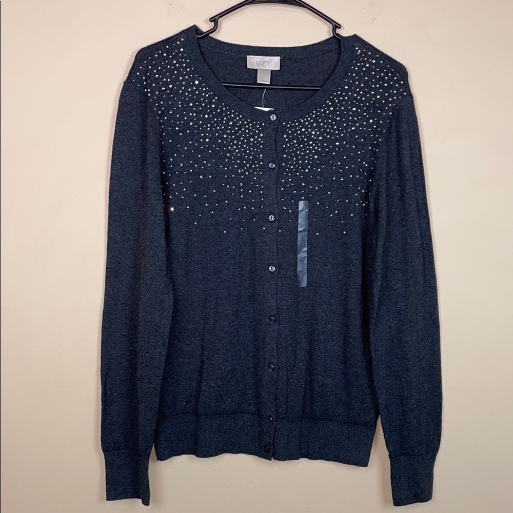 NWT LOFT Women’s Rhinestones Beads Embellished Charcoal Gray Button-Up Sweater
